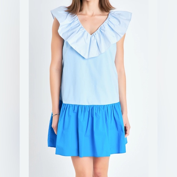 English Factory Women Blue Colorblock Ruffle Hem Sleeveless Mini Dress Size S - Picture 2 of 9